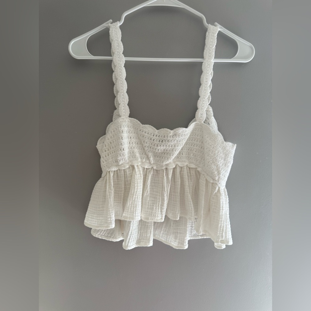 Forever 21 Womens White Crochet Gauze Cropped Tank Top SZ Sm New Cottage Boho - Picture 5 of 8